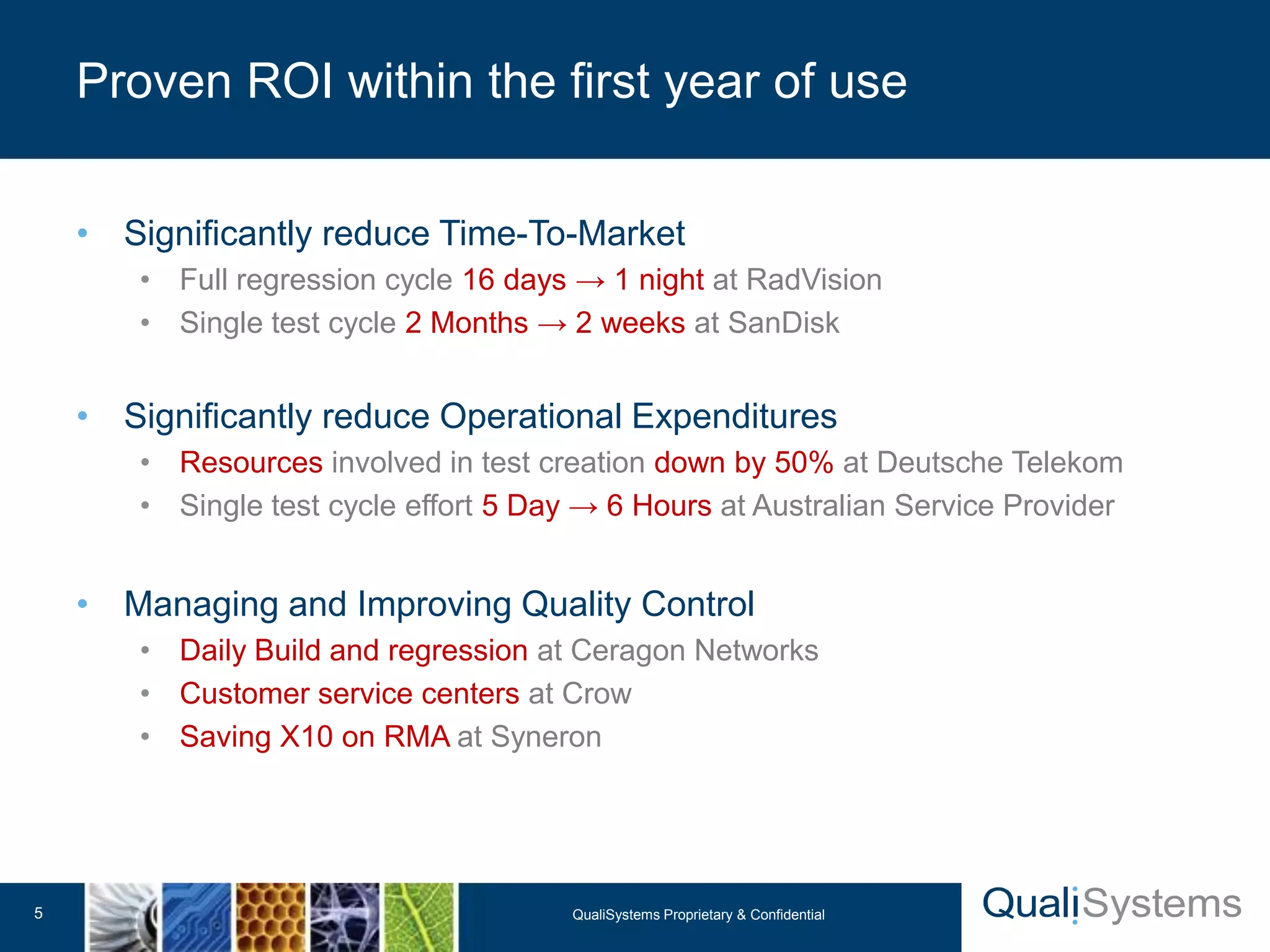 • Significantly reduce Time-To-Market 
• Full regression cycle 16 days → 1 night at RadVision 
• Single test cycle 2 Months → 2 weeks at SanDisk 
• Significantly reduce Operational Expenditures 
• Resources involved in test creation down by 50% at Deutsche Telekom 
• Single test cycle effort 5 Day → 6 Hours at Australian Service Provider 
• Managing and Improving Quality Control 
• Daily Build and regression at Ceragon Networks 
• Customer service centers at Crow 
• Saving X10 on RMA at Syneron 
Proven ROI within the first year of use 
QualiSystems Proprietary 5 & Confidential 
 