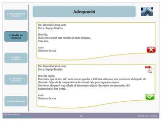14
1. Lideratge i funció
directiva
2. Gestió de
reunions
Raúl Solbes i Monzó
http://raulsolbes.wordpress.com/ FDDCD_B01_Lideratge
Adequació
De: direcció@xxxx.com
Per a: Equip directiu
Bon dia,
Hui a les 12:30h ens reunim al meu despatx.
Fins ara,
xxxx
Director de xxx
De: direcció@xxxx.com
Per a: Equip directiu
Bon dia equip,
Recordeu que demà, tal i com varem quedar a l’última setmana, ens reunirem al despatx de
direcció. Adjunte la convocatòria de reunió i els punts que tractarem.
Per favor, doneu-li una ullada al document adjunt i intenteu ser puntuals, ok?
Salutacions i fins demà,
xxxx
Director de xxx
3. Canvis i
conflictes
5. Gestió del temps
4. Mediació i
negociació
 