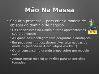 Mão Na Massa
! Seguir o processo 1 para criar o modelo de
objetos do domínio de negócio
" Os Especialistas no Domínio farão apresentações
sobre o negócio
" A Equipe de Modelagem fará perguntas e anotações
" Em pequenos grupos, desenvolver alternativas de
modelos (usando os 4 arquétipos e o DNC)
" Obter consenso no grande grupo sobre um modelo
único
" Anotar nesse modelo as razões para as decisões
tomadas
 