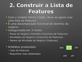 2. Construir a Lista de
Features
! Com o modelo básico criado, deve-se agora criar
uma lista de features
! É uma decomposição funcional do domínio do
negócio
! Categorizada em 3 níveis:
" Áreas de Negócio (Grandes Conjuntos de Features)
" Atividades de Negócio (Conjuntos de Features)
" Passos da Atividade de Negócio (Features)
! Artefatos produzidos:
" Lista de Features
" Requisitos mais detalhados
DPF CPF
PPFCLFDMA
 