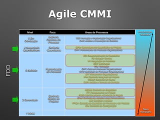 OID: Inovação e Implantação Organizacional
CAR: Análise e Prevenção de Defeitos
5 Em 
Otimização
4 Gerenciado
Quantitativam.
3 Deﬁnido
2 Gerenciado
Melhoria 
Contínua do 
Processo
Gerência 
Quantitativa
Padronização 
do Processo
Gerência
Básica de
Projetos
QPM: Gerenciamento Quantitativo de Projeto
OPP: Performance do Processo Organizacional
RD: Desenvolvimento de Requisitos
TS: Solução Técnica
PI: Integração de Produtos
VER: Veriﬁcação
VAL: Validação
OPF: Foco no Processo Organizacional
OPD: Deﬁnição do Processo Organizacional
OT: Treinamento Organizacional
IPM: Gerência Integrada de Projeto
RSKM: Gerência de Riscos
DAR: Análise e Tomada de Decisão
REQM: Gerência de Requisitos
PP: Planejamento de Projeto
PMC: Monitoramento e Controle de Projeto
SAM: Gerência de Acordos com Fornecedores
MA: Medição e Análise
PPQA: Garantia da Qualidade do Processo e do Produto
CM: Gerência de Conﬁguração
1 Inicial
Áreas de ProcessosNível Foco Produtividade
Qualidade
Risco
Retrabalho
FDD
Agile CMMI
 