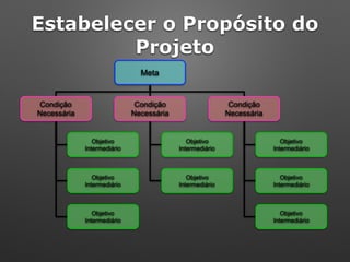 Meta
Condição
Necessária
Condição
Necessária
Condição
Necessária
Objetivo
Intermediário
Objetivo
Intermediário
Objetivo
Intermediário
Objetivo
Intermediário
Objetivo
Intermediário
Objetivo
Intermediário
Objetivo
Intermediário
Objetivo
Intermediário
Estabelecer o Propósito do
Projeto
 