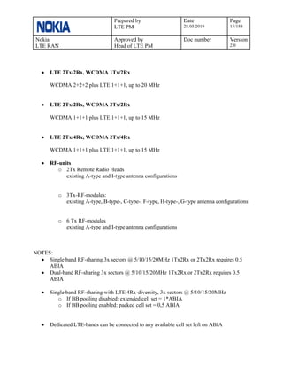 Prepared by
LTE PM
Date
28.05.2019
Page
15/188
Nokia
LTE RAN
Approved by
Head of LTE PM
Doc number Version
2.0
• LTE 2Tx/2Rx, WCDMA 1Tx/2Rx
WCDMA 2+2+2 plus LTE 1+1+1, up to 20 MHz
• LTE 2Tx/2Rx, WCDMA 2Tx/2Rx
WCDMA 1+1+1 plus LTE 1+1+1, up to 15 MHz
• LTE 2Tx/4Rx, WCDMA 2Tx/4Rx
WCDMA 1+1+1 plus LTE 1+1+1, up to 15 MHz
• RF-units
o 2Tx Remote Radio Heads
existing A-type and I-type antenna configurations
o 3Tx-RF-modules:
existing A-type, B-type-, C-type-, F-type, H-type-, G-type antenna configurations
o 6 Tx RF-modules
existing A-type and I-type antenna configurations
NOTES:
• Single band RF-sharing 3x sectors @ 5/10/15/20MHz 1Tx2Rx or 2Tx2Rx requires 0.5
ABIA
• Dual-band RF-sharing 3x sectors @ 5/10/15/20MHz 1Tx2Rx or 2Tx2Rx requires 0.5
ABIA
• Single band RF-sharing with LTE 4Rx-diversity, 3x sectors @ 5/10/15/20MHz
o If BB pooling disabled: extended cell set = 1*ABIA
o If BB pooling enabled: packed cell set = 0,5 ABIA
• Dedicated LTE-bands can be connected to any available cell set left on ABIA
 