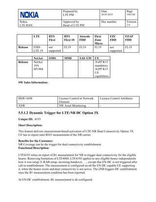 Prepared by
LTE PM
Date
28.05.2019
Page
150/188
Nokia
LTE RAN
Approved by
Head of LTE PM
Doc number Version
2.0
LTE BTS
Flexi
BTS
Flexi 10
Airscale
FDD
Flexi
Zone
Micro
FZC
FDD
FZAP
FDD
Release FDD-
LTE 19
not
supported
FL19 FL19 FL19 not
supported
FL19
NetAct OMS MME SAE GW UE
Release NetAct
18A
SP1904
- - 3GPP R15
mandatory
3GPP R15
UE
capabilities
SW Sales Information:
BSW/ASW Licence Control in Network
Element
Licence Control Attributes
ASW SW Asset Monitoring -
5.5.1.2 Dynamic Trigger for LTE-NR DC Option 3X
Unique ID: 4193
Short Description:
This feature delivers measurement-based activation of LTE-NR Dual Connectivity Option 3X.
UE has to report inter-RAT measurement of the NR carrier.
Benefits for the Customer:
NR Coverage can be the trigger for dual connectivity establishment.
Functional Description:
LTE4193 relies on report of B1 measurement for NR to trigger dual connectivity for the eligible
bearer. Removing limitation of LTE4088, LTE4193 applies to any eligible bearer independently
how it was setup: E-RAB setup, incoming handover, …, except that EN-DC is not triggered after
call re-establishment. The measurement is configured on all the EN-DC capable UE supporting
it, when the bearer exists and dual connectivity is not active. The eNB triggers DC establishment
once the B1 measurement condition has been reported.
At EN-DC establishment, B1 measurement is de-configured.
 