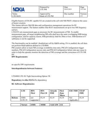 Prepared by
LTE PM
Date
28.05.2019
Page
151/188
Nokia
LTE RAN
Approved by
Head of LTE PM
Doc number Version
2.0
Eligible bearers of EN-DC capable UE are created in the cell with NR PDCP, whatever the cause
of bearer creation.
This feature delivers O&AM data and configuration management operations for B1
measurement support. The feature enables inter-RAT measurements on up to two NR frequency
carriers.
LTE4193 sets measurement gaps as necessary for B1 measurements of NR. To enable
measurement gaps, all target neighbouring NR cells shall have the same overlapping SSB timing
configuration, and for capacity reason, SSB periodicity shall be 20ms or less. SSB duration of 5
subframes is not be supported.
The functionality can be enabled / disabled per cell by O&M setting. If it is enabled, the cell does
not perform blind addition defined in LTE4088.
PM counters allow to track NR coverage availability time ratio, PSCell Configuration trigger
numbers, PSCell Configuration success ratio and PSCell Configuration failure ratio per cause in
order to help the operator monitor the detection of NR coverage and the correctness of LTE-NR
DC.
HW Requirements:
no specific HW requirements
Interdependencies between Features:
LTE4088 LTE-5G Tight Interworking Option 3X
Dependency to other RATs:No dependency
RL Software Dependencies:
LTE BTS
Flexi
BTS
Flexi 10
Airscale
FDD
Flexi
Zone
Micro
FZC FDD FZAP
FDD
Release FDD-
LTE 19
not
supported
FL19 FL19 FL19 Not
Applicable
FL19
NetAct OMS MME SAE GW UE
 