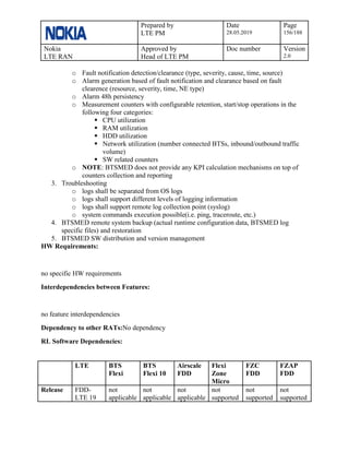 Prepared by
LTE PM
Date
28.05.2019
Page
156/188
Nokia
LTE RAN
Approved by
Head of LTE PM
Doc number Version
2.0
o Fault notification detection/clearance (type, severity, cause, time, source)
o Alarm generation based of fault notification and clearance based on fault
clearence (resource, severity, time, NE type)
o Alarm 48h persistency
o Measurement counters with configurable retention, start/stop operations in the
following four categories:
▪ CPU utilization
▪ RAM utilization
▪ HDD utilization
▪ Network utilization (number connected BTSs, inbound/outbound traffic
volume)
▪ SW related counters
o NOTE: BTSMED does not provide any KPI calculation mechanisms on top of
counters collection and reporting
3. Troubleshooting
o logs shall be separated from OS logs
o logs shall support different levels of logging information
o logs shall support remote log collection point (syslog)
o system commands execution possible(i.e. ping, traceroute, etc.)
4. BTSMED remote system backup (actual runtime configuration data, BTSMED log
specific files) and restoration
5. BTSMED SW distribution and version management
HW Requirements:
no specific HW requirements
Interdependencies between Features:
no feature interdependencies
Dependency to other RATs:No dependency
RL Software Dependencies:
LTE BTS
Flexi
BTS
Flexi 10
Airscale
FDD
Flexi
Zone
Micro
FZC
FDD
FZAP
FDD
Release FDD-
LTE 19
not
applicable
not
applicable
not
applicable
not
supported
not
supported
not
supported
 