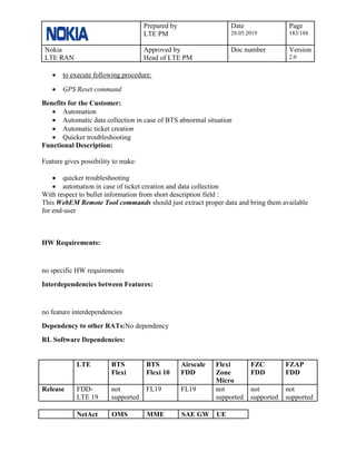 Prepared by
LTE PM
Date
28.05.2019
Page
183/188
Nokia
LTE RAN
Approved by
Head of LTE PM
Doc number Version
2.0
• to execute following procedure:
• GPS Reset command
Benefits for the Customer:
• Automation
• Automatic data collection in case of BTS abnormal situation
• Automatic ticket creation
• Quicker troubleshooting
Functional Description:
Feature gives possibility to make:
• quicker troubleshooting
• automation in case of ticket creation and data collection
With respect to bullet information from short description field :
This WebEM Remote Tool commands should just extract proper data and bring them available
for end-user
HW Requirements:
no specific HW requirements
Interdependencies between Features:
no feature interdependencies
Dependency to other RATs:No dependency
RL Software Dependencies:
LTE BTS
Flexi
BTS
Flexi 10
Airscale
FDD
Flexi
Zone
Micro
FZC
FDD
FZAP
FDD
Release FDD-
LTE 19
not
supported
FL19 FL19 not
supported
not
supported
not
supported
NetAct OMS MME SAE GW UE
 