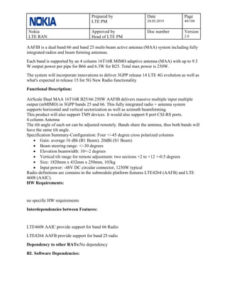 Prepared by
LTE PM
Date
28.05.2019
Page
40/188
Nokia
LTE RAN
Approved by
Head of LTE PM
Doc number Version
2.0
AAFIB is a dual band 66 and band 25 multi-beam active antenna (MAA) system including fully
integrated radios and beam forming antennas.
Each band is supported by an 4 column 16T16R MIMO adaptive antenna (MAA) with up to 9.3
W output power per pipe for B66 and 6.3W for B25. Total max power is 250W.
The system will incorporate innovations to deliver 3GPP release 14 LTE 4G evolution as well as
what's expected in release 15 for 5G New Radio functionality
Functional Description:
AirScale Dual MAA 16T16R B25/66 250W AAFIB delivers massive multiple input multiple
output (mMIMO) in 3GPP bands 25 and 66. This fully integrated radio + antenna system
supports horizontal and vertical sectorization as well as azimuth beamforming.
This product will also support TM9 devices. It would also support 8 port CSI-RS ports.
4 column Antenna
The tilt angle of each set can be adjusted remotely. Bands share the antenna, thus both bands will
have the same tilt angle.
Specification Summary-Configuration: Four +/-45 degree cross polarized columns
• Gain: average 16 dBi (B1 Beam). 20dBi (S1 Beam)
• Beam steering range: +/-30 degrees
• Elevation beamwidth: 10+-2 degrees
• Vertical tilt range for remote adjustment: two sections +2 to +12 +-0.5 degrees
• Size: 1820mm x 432mm x 250mm, 103kg
• Input power: -48V DC circular connector, 1250W typical
Radio definitions are contains in the submodule platform features LTE4264 (AAFB) and LTE
4608 (AAIC).
HW Requirements:
no specific HW requirements
Interdependencies between Features:
LTE4608 AAIC provide support for band 66 Radio
LTE4264 AAFB provide support for band 25 radio
Dependency to other RATs:No dependency
RL Software Dependencies:
 