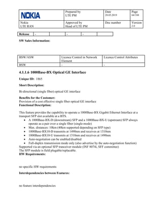 Prepared by
LTE PM
Date
28.05.2019
Page
64/188
Nokia
LTE RAN
Approved by
Head of LTE PM
Doc number Version
2.0
Release - - -
SW Sales Information:
BSW/ASW Licence Control in Network
Element
Licence Control Attributes
BSW - -
4.1.1.6 1000Base-BX Optical GE Interface
Unique ID: 1865
Short Description:
Bi-directional (single fiber) optical GE interface
Benefits for the Customer:
Provision of a cost effective single fiber optical GE interface
Functional Description:
This feature provides the capability to operate a 1000Base-BX Gigabit Ethernet Interface at a
transport SFP slot available at a BTS.
• A 1000Base-BX-D (downstream) SFP and a 1000Base-BX-U (upstream) SFP always
operate as a pair over a single fiber (single-mode)
• Max. distances: 10km (40km supported depending on SFP type)
• 1000Base-BX10-D transmits at 1490nm and receives at 1310nm
• 1000Base-BX10-U transmits at 1310nm and receives at 1490nm
• Auto-negotiation can be enabled/disabled
• Full-duplex transmission mode only (also advertise by the auto-negotiation function)
Supported via an optional SFP tranceiver module (INF 8074i, SFF committee)
The SFP module is field plugable/replacable.
HW Requirements:
no specific HW requirements
Interdependencies between Features:
no feature interdependencies
 