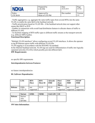 Prepared by
LTE PM
Date
28.05.2019
Page
69/188
Nokia
LTE RAN
Approved by
Head of LTE PM
Doc number Version
2.0
- Traffic aggregation, e.g. aggregate the same traffic types from several BTSs into the same
VLAN, to enable the same QoS in the backhaul network.
- Traffic prioritization based on VLAN IDs - if the backhaul network does not support other
means like DSCP or PCP.
- Enables in conjunction with overall load distribution features to allocate shares of traffic to
different VLANs
- To facilitate mapping of BTS traffic types to different traffic streams at the transport network
(e.g. different MPLS paths).
Functional Description:
"Multiple VLAN interfaces" allows configuring several VLAN interfaces. It allows the operator
to tag IP/Ethernet egress traffic with different VLAN IDs.
VLAN tagging is in accordance with the IEEE802.1Q standard.
In the Ethernet backhaul network, VLAN tags are used for differentiation of traffic into logically
separated networks (VLANs) which possibly provide different QoS.
HW Requirements:
no specific HW requirements
Interdependencies between Features:
no feature interdependencies
RL Software Dependencies:
LTE BTS
Flexi
BTS
Flexi 10
Airscale
FDD
Flexi
Zone
Micro
FZC
FDD
FZAP
FDD
Release FDD-
LTE 19
not
supported
FL19 FL19 not
supported
not
supported
not
supported
NetAct OMS MME SAE GW UE
Release NetAct
18A
SP1904
- -
SW Sales Information:
 