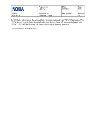 Prepared by
LTE PM
Date
28.05.2019
Page
7/188
Nokia
LTE RAN
Approved by
Head of LTE PM
Doc number Version
2.0
In ‘SW Sales Information’ the optional Sales Items are indicated with ‘ASW’ (Application SW).
‘ASW NetAct’ refer to Sales Items defined within NetAct. Basic SW items are indicated with
‘BSW’. LTE RAN SW is using SW Asset Monitoring as licensing approach.
This document is NON BINDING.
 