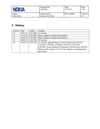 Prepared by
LTE PM
Date
28.05.2019
Page
8/188
Nokia
LTE RAN
Approved by
Head of LTE PM
Doc number Version
2.0
2 History
Version Date Author Changes
1.0 8.01.19 LTE PM C3 version
1.1 11.01.19 LTE PM Minor updates to feature descriptions
1.2 14.02.19 LTE PM Minor updates to feature descriptions
1.3 29.03.19 LTE PM CP version
2.0 28.05.19 LTE PM C5 version, updated feature content. Removed LTE3331,
LTE3933, LTE4581, LTE4623, LTE4713, LTE4759,
LTE3656. Scope changed for features LTE5268 and LTE5205.
Removed SC features as C5 for SC content is scheduled later
than macro
 