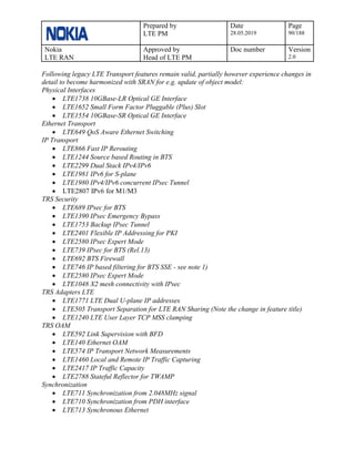 Prepared by
LTE PM
Date
28.05.2019
Page
90/188
Nokia
LTE RAN
Approved by
Head of LTE PM
Doc number Version
2.0
Following legacy LTE Transport features remain valid, partially however experience changes in
detail to become harmonized with SRAN for e.g. update of object model:
Physical Interfaces
• LTE1738 10GBase-LR Optical GE Interface
• LTE1652 Small Form Factor Pluggable (Plus) Slot
• LTE1554 10GBase-SR Optical GE Interface
Ethernet Transport
• LTE649 QoS Aware Ethernet Switching
IP Transport
• LTE866 Fast IP Rerouting
• LTE1244 Source based Routing in BTS
• LTE2299 Dual Stack IPv4/IPv6
• LTE1981 IPv6 for S-plane
• LTE1980 IPv4/IPv6 concurrent IPsec Tunnel
• LTE2807 IPv6 for M1/M3
TRS Security
• LTE689 IPsec for BTS
• LTE1390 IPsec Emergency Bypass
• LTE1753 Backup IPsec Tunnel
• LTE2401 Flexible IP Addressing for PKI
• LTE2580 IPsec Expert Mode
• LTE739 IPsec for BTS (Rel.13)
• LTE692 BTS Firewall
• LTE746 IP based filtering for BTS SSE - see note 1)
• LTE2580 IPsec Expert Mode
• LTE1048 X2 mesh connectivity with IPsec
TRS Adapters LTE
• LTE1771 LTE Dual U-plane IP addresses
• LTE505 Transport Separation for LTE RAN Sharing (Note the change in feature title)
• LTE1240 LTE User Layer TCP MSS clamping
TRS OAM
• LTE592 Link Supervision with BFD
• LTE140 Ethernet OAM
• LTE574 IP Transport Network Measurements
• LTE1460 Local and Remote IP Traffic Capturing
• LTE2417 IP Traffic Capacity
• LTE2788 Stateful Reflector for TWAMP
Synchronization
• LTE711 Synchronization from 2.048MHz signal
• LTE710 Synchronization from PDH interface
• LTE713 Synchronous Ethernet
 