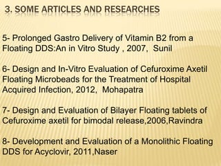 3. SOME ARTICLES AND RESEARCHES
5- Prolonged Gastro Delivery of Vitamin B2 from a
Floating DDS:An in Vitro Study , 2007, Sunil
6- Design and In-Vitro Evaluation of Cefuroxime Axetil
Floating Microbeads for the Treatment of Hospital
Acquired Infection, 2012, Mohapatra
7- Design and Evaluation of Bilayer Floating tablets of
Cefuroxime axetil for bimodal release,2006,Ravindra
8- Development and Evaluation of a Monolithic Floating
DDS for Acyclovir, 2011,Naser
 