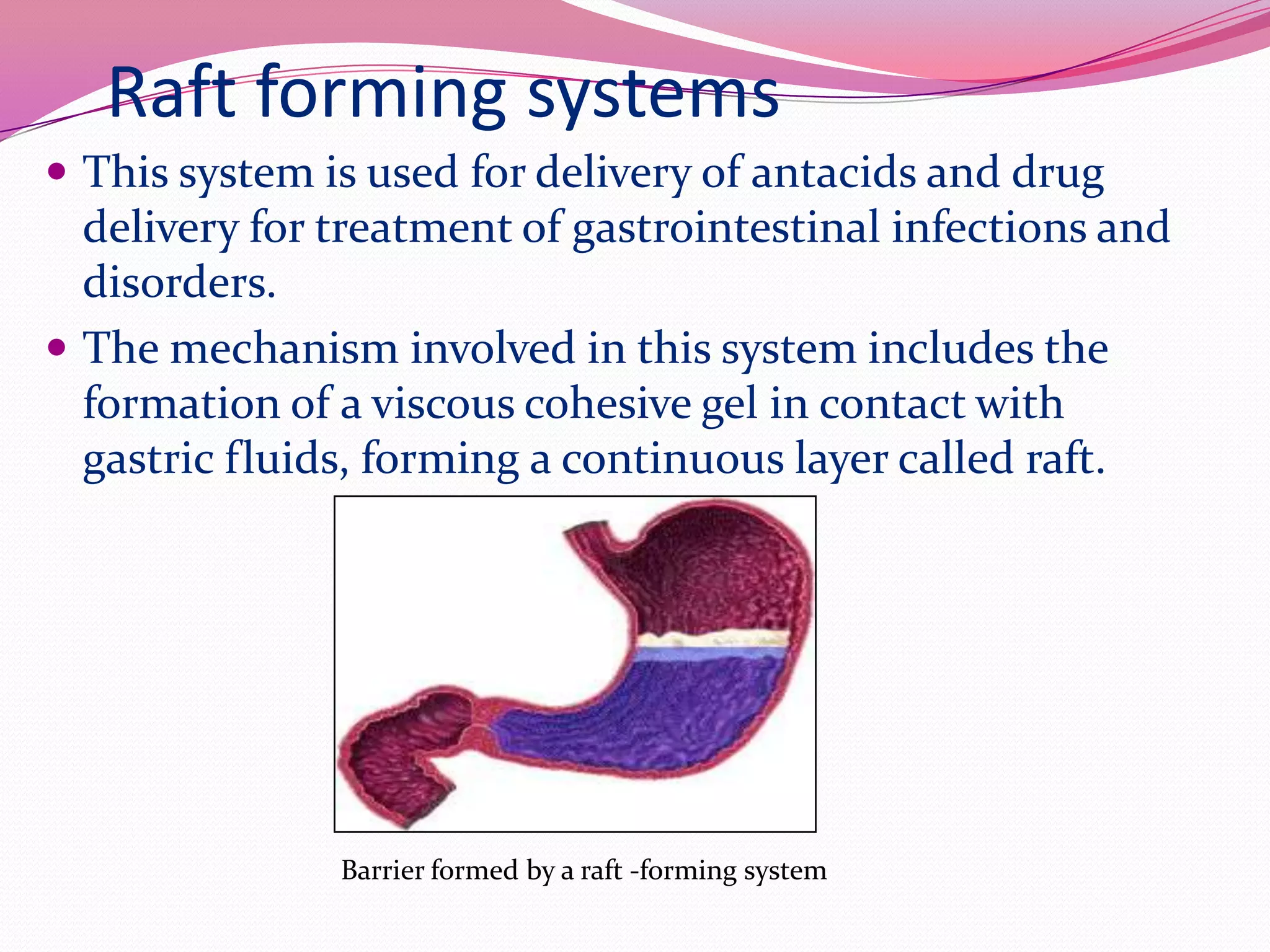 Raft forming systems
 This system is used for delivery of antacids and drug

delivery for treatment of gastrointestinal infections and
disorders.
 The mechanism involved in this system includes the
formation of a viscous cohesive gel in contact with
gastric fluids, forming a continuous layer called raft.

Barrier formed by a raft -forming system

 