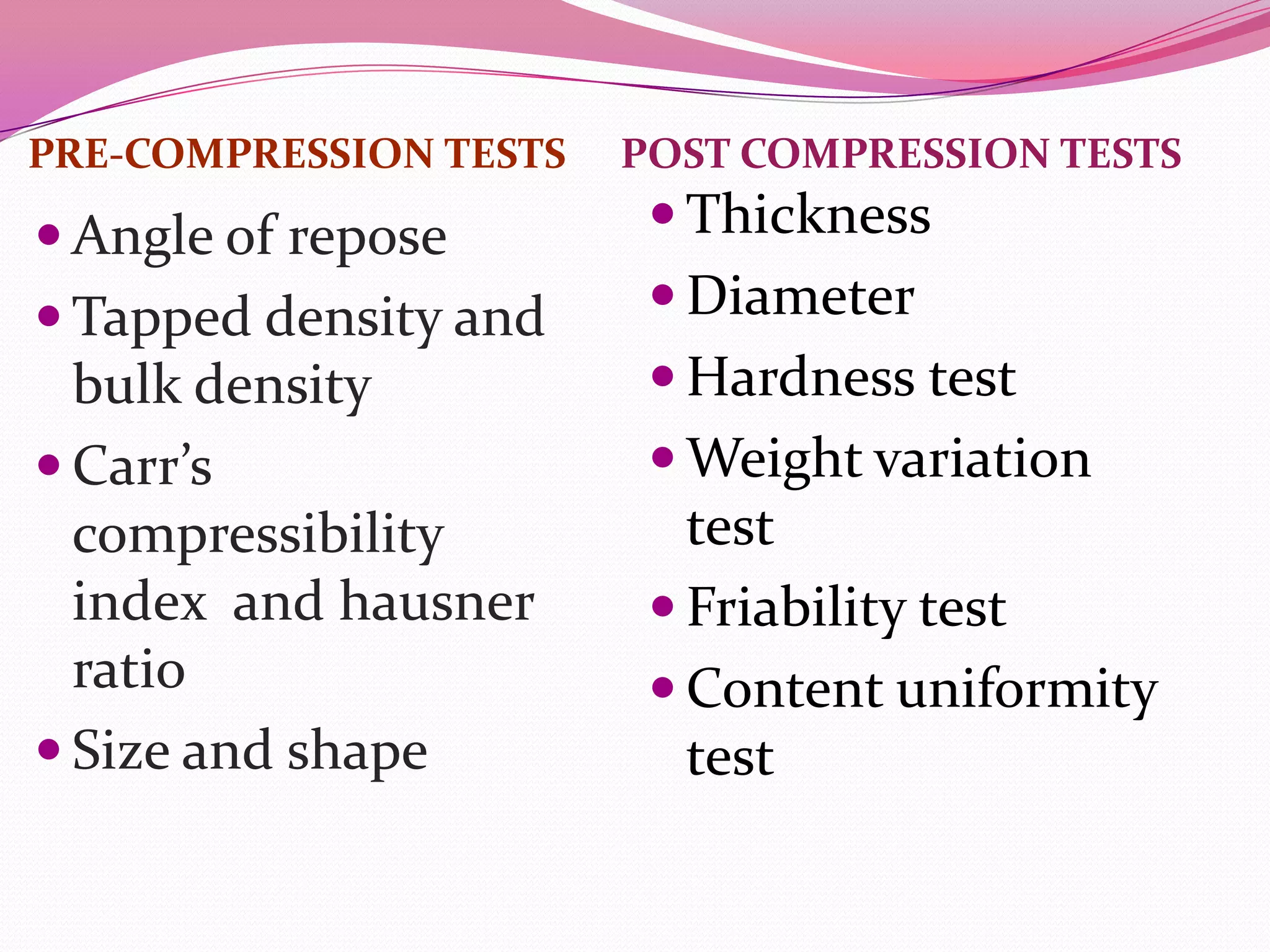 PRE-COMPRESSION TESTS

POST COMPRESSION TESTS

 Angle of repose

 Thickness

 Tapped density and

 Diameter

bulk density
 Carr’s
compressibility
index and hausner
ratio
 Size and shape

 Hardness test
 Weight variation

test
 Friability test
 Content uniformity
test

 