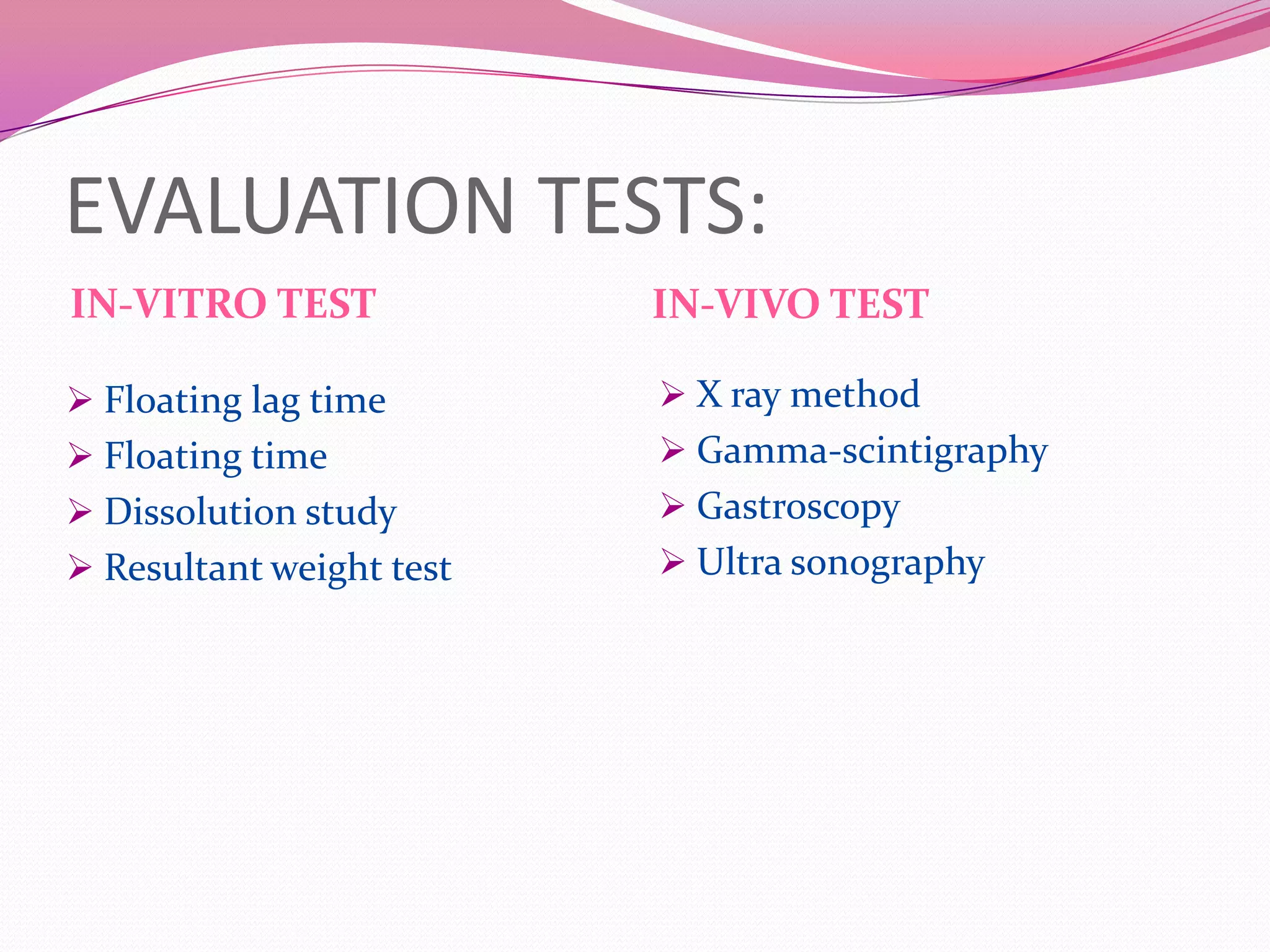 EVALUATION TESTS:
IN-VITRO TEST

IN-VIVO TEST

 Floating lag time

 X ray method

 Floating time

 Gamma-scintigraphy

 Dissolution study

 Gastroscopy

 Resultant weight test

 Ultra sonography

 