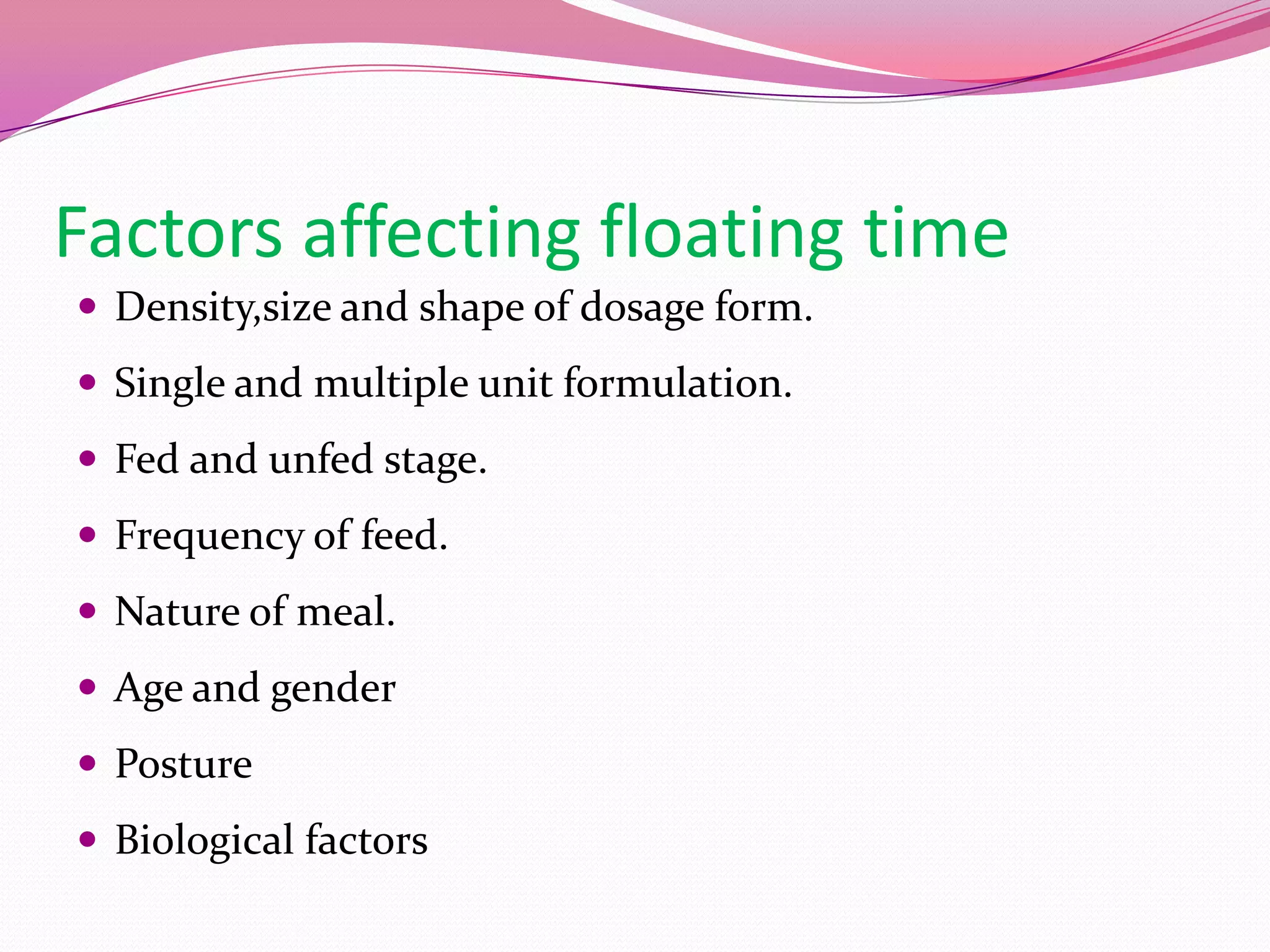 Factors affecting floating time
 Density,size and shape of dosage form.
 Single and multiple unit formulation.
 Fed and unfed stage.
 Frequency of feed.
 Nature of meal.
 Age and gender
 Posture
 Biological factors

 
