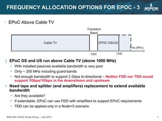 5IEEE 802.3 EPoC Study Group – July 2012
FREQUENCY ALLOCATION OPTIONS FOR EPOC - 3
• EPoC Above Cable TV
•• EPoC DS and US run above Cable TV (above 1000 MHz)
• With installed passives available bandwidth is very poor
• Only ~ 200 MHz including guard-bands
• Not enough bandwidth to support 2 Gbps bi-directional – Neither FDD nor TDD would
support 1Gbps/1Gbps in the downstream and upstream
• Need taps and splitter (and amplifiers) replacement to extend available
bandwidth
• Are they available?
• If extendable, EPoC can use FDD with amplifiers to support EPoC requirements
• TDD can be applied only in a Node+0 scenario
 