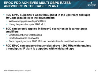 6IEEE 802.3 EPoC Study Group – July 2012
EPOC FDD ACHIEVES MULTI GBPS RATES
ANYWHERE IN THE CABLE PLANT
 FDD EPoC supports 1 Gbps throughput in the upstream and upto
10 Gbps (scalable) in the downstream
 With existing passive taps/splitters
 Using frequencies upto 1200 MHz
 TDD can be only applied in Node+0 scenarios as it cannot pass
amplifiers
 Limited number of installations
 Limited available bandwidth
 Poor capacity above 1200 MHz as Leo Montreuil’s contribution shows
 FDD EPoC can support frequencies above 1200 MHz with required
throughputs IF plant is upgraded with wideband taps
 
