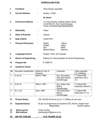 CURRICULUM VITAE
1. Full Name : Shah Sanjay Jayantilal
2. Current Address : Sanjay J. Shah
As above
3. Permanent Address : 13, Vipul Society, Railway Station Road,
Limdi-363 421, Dist. Surendranagar
Tel No: 09724507585/09825526634
4. Nationality : Indian
5. State of Domicile : Gujarat
6. Date of Birth : 23/02/1974
7. Personal Particulars : Height : 160cm
Weight : 50Kg
Sex : Male
Marital Status : Married
8. Languages Known : English, Hindi, and Gujarati.
9. Branch of Engineering : Diploma in Instrumentation & Control Engineering
10. Passport No : G 7268710
11. Academic Carrier :
Sr. Education Qualification Month & Year of
Passing
University Class awarded
[ % of Marks]
1 S.S.C.E. March, 1989 Guj. Secondary
Education Board
Gandhinagar
1st
Class With
Distinction (85.7
%)
2 H.S.C.E. March, 1991 Guj. Higher Sec.
Board,
Gandhinagar
1st
Class With
Distinction (66.6%)
3 D.I...C.E. April, 1994 Tech.Education
Board,
Gandhinagar
1st
Class With
Distinction (71.2)
12. Present Salary : RS. 90,000=00 Gross (p.m), /11.00lacs ctc per year
13. Expected Salary :As per my Experience & Industries STD..Norms. (Higher than
(Negotiable) present salary)
14. Notice period Three months
15 Mail address shahsanjay37@yahoo.co.in
16 NO OF CHILDS : 1(10 YEARS OLD)
 