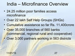 11/01/16 27
India – Microfinance Overview
• 24.25 million poor families access
microfinance
• Over 22 lakh Self Help Groups (SHGs)
• Cumulative assistance so far Rs. 11,400crore
• Over 35,000 branches of 560 banks
(commercial, regional rural and cooperative)
• Over 3,000 partners working in 563 districts
 