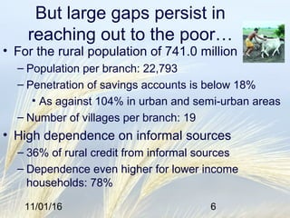 11/01/16 6
But large gaps persist in
reaching out to the poor…
• For the rural population of 741.0 million
– Population per branch: 22,793
– Penetration of savings accounts is below 18%
• As against 104% in urban and semi-urban areas
– Number of villages per branch: 19
• High dependence on informal sources
– 36% of rural credit from informal sources
– Dependence even higher for lower income
households: 78%
 