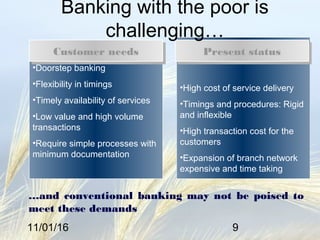 11/01/16 9
•Doorstep banking
•Flexibility in timings
•Timely availability of services
•Low value and high volume
transactions
•Require simple processes with
minimum documentation
•High cost of service delivery
•Timings and procedures: Rigid
and inflexible
•High transaction cost for the
customers
•Expansion of branch network
expensive and time taking
Customer needsCustomer needs Present statusPresent status
Banking with the poor is
challenging…
…and conventional banking may not be poised to
meet these demands
 