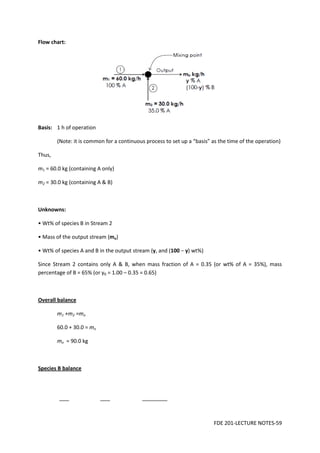 FDE 201-LECTURE NOTES-59
Flow chart:
Basis: 1 h of operation
(Note: it is common for a continuous process to set up a “basis” as the time of the operation)
Thus,
m1 = 60.0 kg (containing A only)
m2 = 30.0 kg (containing A & B)
Unknowns:
• Wt% of species B in Stream 2
• Mass of the output stream (mo)
• Wt% of species A and B in the output stream (y, and (100 − y) wt%)
Since Stream 2 contains only A & B, when mass fraction of A = 0.35 (or wt% of A = 35%), mass
percentage of B = 65% (or yB = 1.00 – 0.35 = 0.65)
Overall balance
m1 +m2 =mo
60.0 + 30.0 = mo
mo = 90.0 kg
Species B balance
 