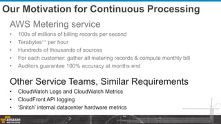 Our Motivation for Continuous Processing
AWS Metering service
• 100s of millions of billing records per second
• Terabytes++ per hour
• Hundreds of thousands of sources
• For each customer: gather all metering records & compute monthly bill
• Auditors guarantee 100% accuracy at months end
Other Service Teams, Similar Requirements
• CloudWatch Logs and CloudWatch Metrics
• CloudFront API logging
• ‘Snitch’ internal datacenter hardware metrics
 