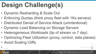 Design Challenge(s)
• Dynamic Resharding & Scale Out
• Enforcing Quotas (think proxy fleet with 1Ks servers)
• Distributed Denial of Service Attack (unintentional)
• Dynamic Load Balancing on Storage Servers
• Heterogeneous Workloads (tip of stream vs 7 day)
• Optimizing Fleet Utilization (proxy, control, data planes)
• Avoid Scaling Cliffs
• …
 