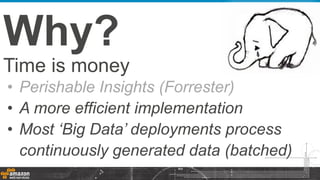 Time is money
• Perishable Insights (Forrester)
• A more efficient implementation
• Most ‘Big Data’ deployments process
continuously generated data (batched)
Why?
 