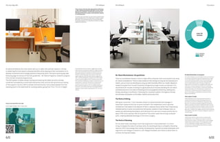 The Inner Edge #06
6/II
EVO Sit&Stand EVO Sit&Stand
6/III
Sit-Stand Workstations:the guidelines
There is a worldwide interest in how to make office computer work more dynamic by using
sit-stand workstations.There is clear evidence that sitting too long can be hazardous to
health,just as much as standing too long can detrimentally affect our health.Based on
research studies from Cornell University of Ergonomics (ergo.human.cornell.edu)“it is
recommend 20 minutes of sitting (in a good posture),8 minutes standing (for sit-stand
workstations) and 2 minutes of standing and moving (gentle stretching,walking etc.).
Simply standing is insufficient.Following this movement pattern throughout the day
should keep employees comfortable,healthy and productive”.
The Perils of Sitting
Sitting for more than 1 hour has been shown to induce biochemical changes in
lipoprotein lipase activity (an enzyme involved in fat metabolism) and in glucose
metabolism that leads to the deposit of fats in adipose tissue rather than these being
metabolized by muscle, and extensive sitting also relates to heart disease risks, so
people are advocating standing to work because this use more muscle activity (burns
about 20% more calories). We sit to perform fine motor tasks like driving, computer
work, creating detailed drawings or fine micro-surgery.
The Perils of Standing
On the other hand, standing to work has long known to be problematic, it is more
tiring, increases the risks of varicose veins. So standing all day is unhealthy. Standing
requires 20% more energy than sitting. Consequently, is good to provide employees with
ergonomic anti-fatigue to stand on, anti-fatigue footwear, and chairs to allow them to
sit down during rest breaks.
Sit-Stand Workstation:le linee guida
C’è molto interesse su come rendere il lavoro più dinamico
al computer, soprattutto riguardo alle postazioni in piedi.
Ci sono dimostrazioni evidenti che rimanere seduti alla
scrivania sia pericoloso per la salute. Sulla base degli
studi condotti dalla Cornell University of Ergonomy
(ergo.human.cornell.edu) “si consiglia di stare seduti 20
minuti (con una buona postura), 8 minuti in piedi alla
workstation e 2 minuti di piedi in movimento (stretching
dolce, camminata, ecc). Rimanere solo in piedi non è
sufficiente, ma alternando questo modello durante il
giorno si dovrebbero mantenere alti livelli di comfort,
salute e produttività”.
Stare seduti:le insidie
Stare seduti per più di un’ora ha dimostrato indurre
cambiamenti biochimici dell’attività lipoproteica ed
enzimatica coinvolte nel metabolismo dei grassi e del
glucosio. Ciò conduce al deposito dei grassi nel tessuto
adiposo, piuttosto che essere metabolizzati dal muscolo,
con rischi di malattie cardiache. Stando in piedi a lavorare
l’attività muscolare brucia circa il 20% di calorie in più. In
ogni caso, ci sediamo per eseguire attività motorie delicate
come guidare, lavorare al computer, disegnare o operare in
microchirurgia.
Stare in piedi:le insidie
D’altra parte, stare in piedi al lavoro è notoriamente
problematico, in più è faticoso e aumenta il rischio di
vene varicose. In piedi, si richiede il 20% in più di energia
rispetto alla posizione seduta. Di conseguenza, è bene
fornire ai dipendenti sostegni ergonomici anti-fatica,
calzature anti-fatica e sedie per permettere di sedersi
durante le pause di riposo.
As demonstrated by the most recent and up-to-date international research, the key
to obtaining the most psycho-physical benefits while staying at their workstation is to
develop movements and change positions frequently within the same working day (see
following page for extract of the CUE guidelines - Sit-Stand Programs, research program
from Cornell University Ergonomics).
The EVO system of desks allows raising and lowering the table top with a simple
movement activated by a motorized mechanism that controls the synchronous raising
of the support columns. With a simple command button the surface passes from the
standing level to the ideal level for working seated, going from 70 to 110 cm in height.
Come dimostrano le più recenti e aggiornate ricerche
internazionali, la chiave per ottenere il miglior beneficio
psico-fisico stando alla propria postazione di lavoro è
sviluppare frequenti movimenti e cambi di posizione,
all’interno della stessa giornata di lavoro (vedi nella
pagina seguente, l’estratto delle direttive suggerite da
CUE - Sit-Stand Programs, programma di ricerca della
Cornell University Ergonomics). Il sistema di scrivanie
EVO consente di abbassare e alzare il top del tavolo, con
semplicissimi movimenti attivati da un meccanismo
a motore, che controlla in sincrono il sollevamento
delle colonne di supporto. Con un semplice pulsante di
comando il piano passa dal livello standing all’altezza
ideale per il lavoro seduti, passando da 70 a 110 cm di
altezza.
Find out more about EVO in this video.
Scopri maggiori dettagli su EVO in questo video.
Three versions of the same desk. Glass partitions (EVO Glass)
or fabric upholstered partitions (EVO Fabric) can be inserted
between the workstations. The EVO Kubic version has 4cm-
thick panels that ensure a greater sound-absorption capacity
for increased privacy.
Tre versioni per un solo desk. Tra i posti di lavoro possono essere
inseriti pannelli divisori in vetro (EVO Glass) o rivestiti in tessuto
(EVO Fabric). Per aumentare la privacy, la versione EVO Kubic
ha pannelli di spessore 4 cm e garantiscono quindi una maggior
capacità di assorbimento.
20 min
8 min
Stretching
Standing
Sitting
2 min
every 30
minutes
The product
 