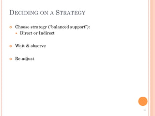 55	
  
DECIDING ON A STRATEGY
¢  Choose strategy (“balanced support”):
—  Direct or Indirect
¢  Wait & observe
¢  Re-adjust
 