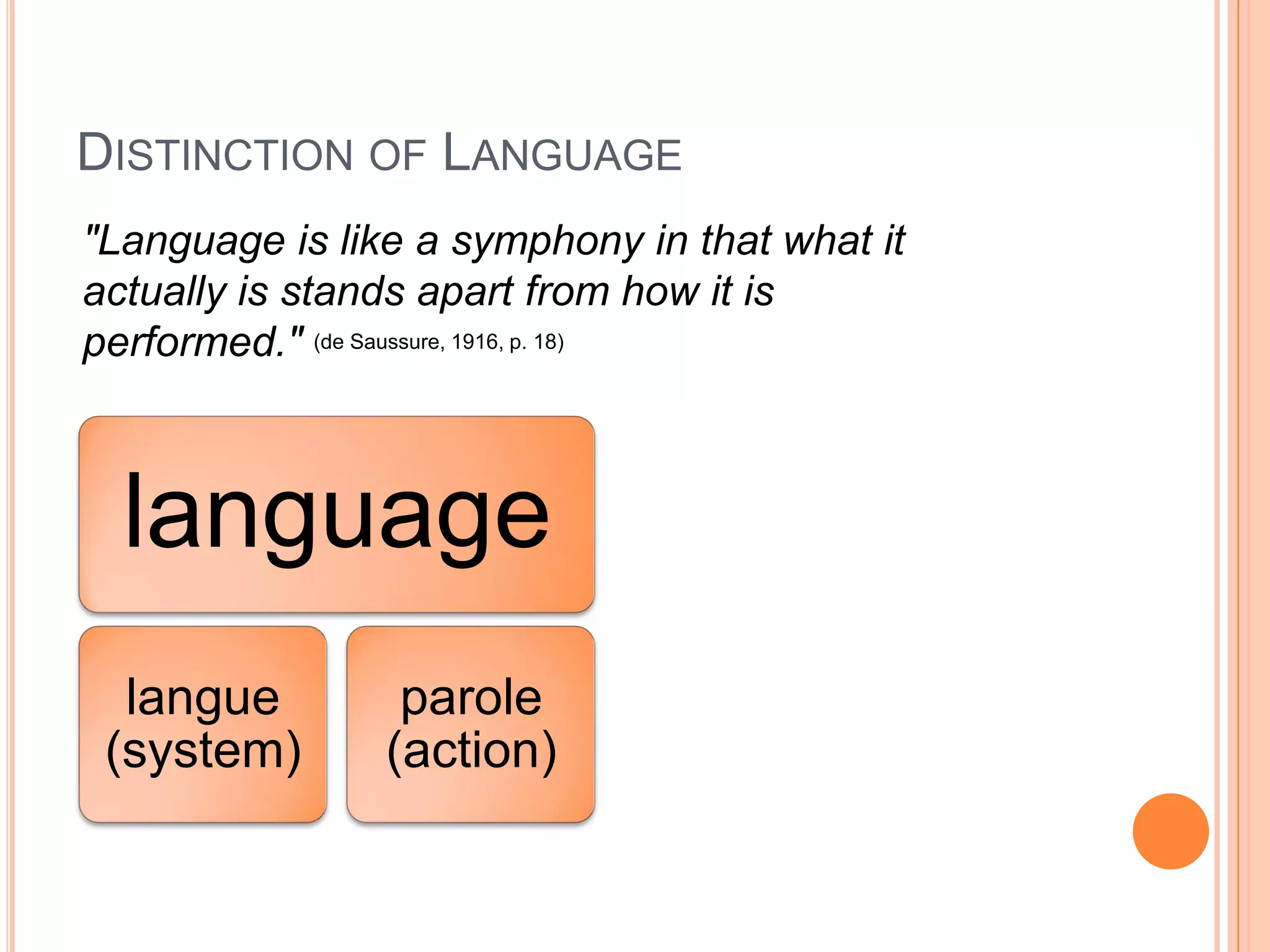 DISTINCTION OF LANGUAGE
"Language is like a symphony in that what it
actually is stands apart from how it is
performed." (de Saussure, 1916, p. 18)



  language
  langue         parole
 (system)       (action)
 