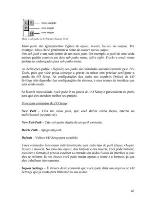 Main e sub-paths no I/O Setup Channel Grid
Main paths são agrupamentos lógicos de inputs, inserts, busses, ou outputs. Por
exemplo, Main Out é geralmente o nome do master stereo output.
Um sub-path é um path dentro de um main path. Por exemplo, o path de uma saída
estéreo padrão consiste em dois sub-paths mono, left e right. Tracks e sends mono
podem ser endereçados para sub-paths mono.
As definições padrão (Default) dos paths são instaladas automaticamente pelo Pro
Tools, para que você possa começar a gravar ou mixar sem precisar configurar a
janela do I/O Setup. As configurações dos paths nos arquivos Default de I/O
Settings irão depender das configurações do sistema, e seus nomes da interface que
está sendo usada.
Se houver necessidade, você pode ir na janela do I/O Setup e personalizar os paths
para que eles atendam melhor seu projeto.
Principais comandos do I/O Setup:
New Path – Cria um novo path, que você define como mono, estéreo ou
multichannel (se possível).
New Sub-Path – Cria sub-paths dentro de um path existente.
Delete Path – Apaga um path.
Default – Volta o I/O Setup para o padrão
Esses comandos funcionam individualmente para cada tipo de path (Input, Output,
Inserts e Busses). No caso dos Inputs, dos Outputs e dos Inserts, você pode nomear,
escolher o formato e precisa escolher as entradas ou saídas físicas da interface a qual
eles se referem. Já nos busses você pode mudar apenas o nome e o formato, já que
eles trabalham internamente.
Import Settings – É através deste comando que você pode abrir um arquivo de I/O
Settings que já exista para trabalhar na sua sessão.
42
 