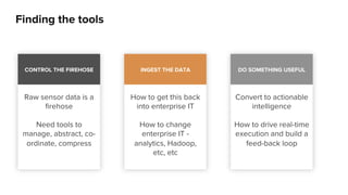 Finding the tools 
CONTROL THE FIREHOSE 
Raw sensor data is a 
firehose 
Need tools to 
manage, abstract, co-ordinate, 
compress 
INGEST THE DATA 
How to get this back 
into enterprise IT 
How to change 
enterprise IT - 
analytics, Hadoop, 
etc, etc 
DO SOMETHING USEFUL 
Convert to actionable 
intelligence 
How to drive real-time 
execution and build a 
feed-back loop 
 