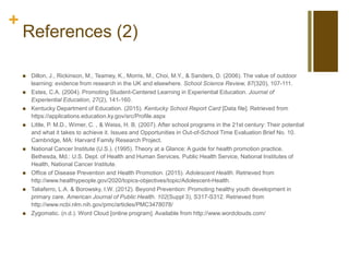 +
References (2)
 Dillon, J., Rickinson, M., Teamey, K., Morris, M., Choi, M.Y., & Sanders, D. (2006). The value of outdoor
learning: evidence from research in the UK and elsewhere. School Science Review, 87(320), 107-111.
 Estes, C.A. (2004). Promoting Student-Centered Learning in Experiential Education. Journal of
Experiential Education, 27(2), 141-160.
 Kentucky Department of Education. (2015). Kentucky School Report Card [Data file]. Retrieved from
https://applications.education.ky.gov/src/Profile.aspx
 Little, P. M.D., Wimer, C. , & Weiss, H. B. (2007). After school programs in the 21st century: Their potential
and what it takes to achieve it. Issues and Opportunities in Out-of-School Time Evaluation Brief No. 10.
Cambridge, MA: Harvard Family Research Project.
 National Cancer Institute (U.S.). (1995). Theory at a Glance: A guide for health promotion practice.
Bethesda, Md.: U.S. Dept. of Health and Human Services, Public Health Service, National Institutes of
Health, National Cancer Institute.
 Office of Disease Prevention and Health Promotion. (2015). Adolescent Health. Retrieved from
http://www.healthypeople.gov/2020/topics-objectives/topic/Adolescent-Health.
 Taliaferro, L.A. & Borowsky, I.W. (2012). Beyond Prevention: Promoting healthy youth development in
primary care. American Journal of Public Health. 102(Suppl 3), S317-S312. Retrieved from
http://www.ncbi.nlm.nih.gov/pmc/articles/PMC3478078/
 Zygomatic. (n.d.). Word Cloud [online program]. Available from http://www.wordclouds.com/
 