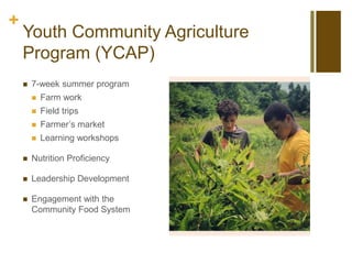 +
Youth Community Agriculture
Program (YCAP)
 7-week summer program
 Farm work
 Field trips
 Farmer’s market
 Learning workshops
 Nutrition Proficiency
 Leadership Development
 Engagement with the
Community Food System
 
