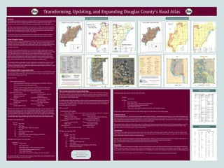 Transforming,	Updating,	and	Expanding	Douglas	County’s	Road	Atlas	
Abstract
The	Douglas	County	Road	Atlas	was	created	in	2007	to	meet	the	need	for	detailed	road	
and	parcel	maps	that	were	easily	transportable	for	the	public	and	county	depart-
ments.	It	was	created	in	ArcGIS	9.2	Desktop	using	MapLogic’s	Layout	Manager	2.2.0.		
	
The	Atlas	was	maintained	and	updated	over	the	years.	In	2015,	the	need	to	transform	
and	expand	the	number	of	inset	maps	became	apparent	with	the	County’s	population	
growth	and	increasing	number	of	roads.	The	Atlas	was	rebuilt	and	expanded	using	
ArcGIS	10.2.1	for	Desktop	&	Esri’s	Data	Driven	Pages.	
	
In	April	2016,	the	newly	transformed	Atlas	was	published	on	the	county’s	website:	
http://www.douglascountywa.net/departments/gis/reference-maps/road-atlas		
	
About Douglas County
Douglas	County	has	a	growing	population	of	more	than	38,000	and	is	located	near	the	
geographic	center	of	Washington.	The	county	ranks	17th	in	size	of	Washington's	39	
counties	with	an	area	of	greater	than	1,800	square	miles.	The	Columbia	River	borders	
it	on	the	north,	west	and	south.	Grant	County,	formerly	a	part	of	Douglas	County,		
borders	on	the	east.		
	
Douglas	County’s	geographical	diversity	is	revealed	through	its	geographic	features	
from	the	Columbia	River,	at	600	feet	above	sea	level,	to	Badger	Mountain,	at	more	than	
4,000	feet	above	sea	level.	Forested	areas	near	Badger	Mountain	and	areas	with	
steppe	shrub	vegetation	on	the	upland	plateau	provide	varied	wildlife	habitat	plus		
glacial	erratics	and	basalt	rock	outcrops	are	located	in	close	vicinity	to	fertile	farm-
land.	Dryland	farming	dominates	the	upland	plateau	in	contrast	to	irrigated	orchard	
lands	that	are	located	in	the	lower	elevations	along	the	Columbia	River.		
	
The	primary	industry	in	Douglas	County	is	agriculture	including	the	raising	of	crops	
(apples,	wheat,	and	cattle)	and	associated	industries	(processing,	packaging,	ware-
housing,	and	shipping).	Other	signiϐicant	employment	opportunities	are	found	in	retail	
trade	and	government	positions.	
	
The Original 2007 County Road Atlas
The	ϐirst	Road	Atlas	for	Douglas	County	was	created	in	2007	to	meet	both	public	need,	
as	well	as,	the	requirements	of	County	departments	for	easily	transportable,	detailed	
road	and	parcel	maps	of	the	County.		
	
Layers	included:	
	
	
	
	
	
	
	
	
	
	
	
	
	
	
	
	
	
The	atlas	was	created	in	ArcGIS	9.2	Desktop	using	MapLogic’s	Layout	Manager	2.2.0	
(http://www.maplogic.com/).	The	Layout	Manager	quickly	created	a	series	of	profes-
sional	looking	map	books	for	us	to	compile	into	a	single	atlas.	It	split	the	county	into	
numerous	smaller	map	pages,	creating	key	&	locator	maps	and	indexes,	and	handling	
all	the	details	crucial	for	creating	a	true	multi-page	document.	With	this	tool,	I	could	
automatically	adjust	page	numbering,	preview	the	print,	and	do	two-sided	printing.	
	
The	Atlas	was	organized	with:	
	
	
	
	
	
	
	
	
	
	
	
	
Six	projects	were	used	to	create	the	atlas.		
	
	
	
	
	
	
	
	
	
	
The	Layout	Manager	could	only	print	a	page	at	a	time	which	took	considerable	time	to	
compile	all	of	the	pages	into	one	document.	
	
Orthorectiϐied	aerial	photos		
2003 Washington Department of Transportation (WSDOT) with 6 inch
pixels in the Greater East Wenatchee Area
2006 U.S. Department of Agriculture’s (USDA) National Agriculture
Imagery Program (NAIP) for with 1-meter pixels and a horizontal
accuracy of +/- 6 meters for the rest of the county
Transportation features Special interest features
Private & Public Roads, Public buildings, Schools,
Highways, Airports, Cemeteries
Railroad Local government boundaries
Land parcels Counties, Cities, Towns
Privately-owned parcels Public Land Survey System
Public lands Townships, Sections
Water features Recreational features
Rivers, Lakes, Streams Parks, Trails
Number
of Pages
Page Type
1 Title Page
2 Map Pages Index / Table Of Contents
1 Legend
63 Townships & Ranges maps
66 Inset maps
18 Indexes For Roads, Public Buildings, and Schools
151 Total number of pages
Number of
Projects
Project Type
1 Title page project
2 Maps Pages Index / Table of Contents projects
1 Townships & Ranges mapbook project
1 Insets mapbook project
1 Indexes for roads, public buildings, and schools project
2007 Douglas County Road Atlas 2016 Douglas County Road Atlas
The	Transformed	2016	County	Road	Atlas	
The	Atlas	was	maintained	and	updated	over	the	years.	In	2015,	the	need	to	transform	and	
expand	the	number	of	inset	maps	became	apparent	with	the	county’s	population	growth	
and	increase	of	road	building.	The	Atlas	was	rebuilt	and	expanded	using	ArcGIS	10.2.1	for	
Desktop	&	Esri’s	Data	Driven	Pages.	
	
Esri’s	Data	Driven	Pages	also	quickly	created	a	series	of	professional	looking	map	books	for	
us	to	compile	into	a	single	atlas,	splitting	the	county	into	numerous	smaller	map	pages,	and	
handling	all	the	details	crucial	for	creating	a	true	multi-page	document	just	as	MapLogic’s	
Layout	Manager	previously	did.	
	
Layers	included:	
	
The	Atlas	was	organized	with:	
	
	
	
	
	
	
	
	
	
	
	
	
	
	
	
	
	
	
Orthorectiϐied	aerial	photos	
		 2015	USDA’s	NAIP	with	1-meter	pixels	and	a	horizontal	accuracy	of	+/-	6	meters	
Transportation	features	 		 Special	interest	features			
		 Private	&	Public	Roads,	 		 		 Public	buildings,	Schools,	Cemeteries	
		 Highways,	Airports,	Railroad	 		 		Local	government	boundaries			
	Land	parcels	 		 	 Counties,	Cities,	Towns	
		 	 Privately-owned	parcels		 		 		Public	Land	Survey	System			
		 	 Public	lands	 		 	 Townships,	Sections	
		Water	features	 		 		Recreational	features			
	 	 Rivers,	Lakes,	Streams,	Springs				 	 Parks,	Trails	
Number	
of	Pages
Page	Type
1 Title	Page
2 Map	Pages	Index	/	Table	Of	Contents
1 Legend
69 Townships	&	Ranges	maps
94 Inset	maps
19 Indexes	For	Roads,	Public	Buildings,	and	Schools
186 Total	number	of	pages
Six	projects	were	also	used	to	create	the	new	2016	atlas.		
Each	project	could	be	printed	from	Esri’s	Data	Driven	Pages	as	one	document	or	as	separate	pages.	
Transformation
The	transformation	of	the	county’s	road	atlas	began	with	updated	GIS	layers,	including	new	aerial	photos,	a	new	layer	for	springs,	and	
new	grid	indexes	for	the	inset	and	township	maps.	A	transparency	was	added	to	the	aerial	photos.	The	transparency	along	with	smaller	
halos	around	the	annotation	allowed	the	hatching	for	easier	viewing	of	the	public	lands	layer.	Cemeteries	are	now	included	in	the	public	
lands	polygon	layer,	and	not	as	a	point	feature	as	it	was	in	the	2007	atlas.	
	
The	transformation	continued	when	more	maps	were	added	to	the	township	and	inset	grid	layers.	The	ϐinal	transformations	were	the	
indexes.	The	schools	index	was	combined	with	the	public	buildings	index	to	create	a	new	Public	Buildings	and	Schools	Index.	A	new	
Recreation	Index	was	created	in	place	of	the	schools	index.	
	
Conclusion
Esri’s	Data	Driven	Pages	was	easy	to	set	up	and	use.	It	was	more	stable	with	fewer	project	crashes.	The	add-on	created	a	cleaner	and	
more	polished	product	with	the	tools	to	create	a	grid	index,	calculate	adjacent	ϐields	for	page	numbers	or	page	titles,	as	well	as,	tools	to	
easily	insert	page	numbers	and	text	on	the	layout	page.	
	
The	new	atlas	is	effortless	to	navigate	using	the	Map	Pages	Index	/	Table	of	Contents	pages	to	ϐind	the	way	to	a	speciϐic	atlas	page	or	to	
print	the	entire	Atlas.	In	April	2016,	the	newly	transformed	Atlas	was	published	on	the	county’s	website:		
http://www.douglascountywa.net/departments/gis/reference-maps/road-atlas		
	
Biography
Amanda	Taub	is	the	GIS	Analyst	for	Douglas	County	in	the	GIS	Division	of	the	Transportation	&	Land	Services	Department.	For	the	last	
15	years,	she	has	created	and	maintained	the	majority	of	Douglas	County’s	maps	in	addition	to	her	analysis	responsibilities.	The	map	is	
never	ϐinished,	and	it	is	her	joy	to	keep	improving	it.	If	you	would	like	to	connect	with	Amanda	on	Twitter,	look	for	her	@amandahstaub.		
	
For	more	information	on	Douglas	County’s	GIS	Division,	visit:	http://www.douglascountywa.net/departments/gis.		
	
Checkout the latest
edition of Douglas County
Road Atlas below!
Number	
of		
Projects
Project	Type
1 Title	page	project
2 Maps	Pages	Index	/	Table	of	Contents	projects
1 Townships	&	Ranges	mapbook	project
1 Insets	mapbook	project
1 Indexes	for	roads,	public	buildings	&	schools,	and	recreation	project	
2016	Road	Index	
2007	Road	Index	
 
