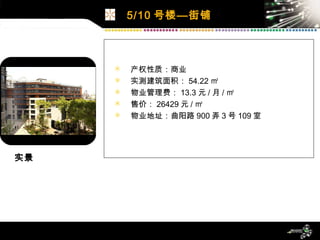 5/10 号楼—街铺 产权性质：商业 实测建筑面积： 54.22 ㎡ 物业管理费： 13.3 元 / 月 / ㎡ 售价： 26429 元 / ㎡ 物业地址：曲阳路 900 弄 3 号 109 室 实景 
