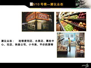 建议业态：   连锁便利店、水果店、票务中心、花店、快递公司、小书局、平价药房等 5/10 号楼—建议业态 