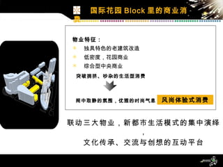 物业特征： 独具特色的老建筑改造 低密度，花园商业 综合型中央商业 国际花园 Block 里的商业消费 突破拥挤、吵杂的生活型消费 闹中取静的氛围，优雅的时尚气息 风尚体验式消费 联动三大物业，新都市生活模式的集中演绎， 文化传承、交流与创想的互动平台 
