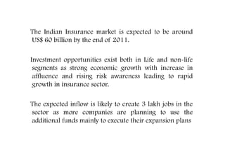 The Indian Insurance market is expected to be around
US$ 60 billion by the end of 2011.
Investment opportunities exist both in Life and non-life
segments as strong economic growth with increase in
affluence and rising risk awareness leading to rapid
growth in insurance sector.
The expected inflow is likely to create 3 lakh jobs in the
sector as more companies are planning to use the
additional funds mainly to execute their expansion plans
 