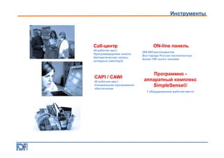 Инструменты

Call-центр
40 рабочих мест
Программируемая анкета
Автоматическая запись
интервью (wav/mp3)

CAPI / CAWI
40 рабочих мест
Специальное программное
обеспечение

ON-line панель
260.000 респондентов
Все города России численностью
более 100 тысяч человек

Программно аппаратный комплекс
SimpleSense©
1 оборудованное рабочее место

 