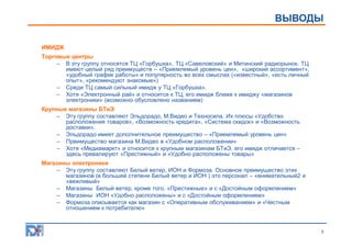ОПИСАНИЕ ИССЛЕДОВАНИЯ
ВЫВОДЫ

ИМИДЖ
Торговые центры
– В эту группу относятся ТЦ «Горбушка», ТЦ «Савеловский» и Митинский радиорынок. ТЦ
имеют целый ряд преимуществ – «Приемлемый уровень цен», «широкий ассортимент»,
«удобный график работы» и популярность во всех смыслах («известный», «есть личный
опыт», «рекомендуют знакомые»)
– Среди ТЦ самый сильный имидж у ТЦ «Горбушка».
– Хотя «Электронный рай» и относится к ТЦ, его имидж ближе к имиджу «магазинов
электроники» (возможно обусловлено названием)
Крупные магазины БТиЭ
– Эту группу составляют Эльдорадо, М.Видео и Техносила. Их плюсы «Удобство
расположения товаров», «Возможность кредита», «Система скидок» и «Возможность
доставки».
– Эльдорадо имеет дополнительное преимущество – «Приемлемый уровень цен»
– Преимущество магазина М.Видео в «Удобном расположении»
– Хотя «Медиамаркт» и относится к крупным магазинам БТиЭ, его имидж отличается –
здесь превалируют «Престижный» и «Удобно расположены товары»
Магазины электроники
– Эту группу составляют Белый ветер, ИОН и Формоза. Основное преимущество этих
магазинов (в большей степени Белый ветер и ИОН ) это персонал – «внимательный2 и
«вежливый»
– Магазины Белый ветер, кроме того, «Престижные» и с «Достойным оформлением»
– Магазины ИОН «Удобно расположены» и с «Достойным оформлением»
– Формоза описывается как магазин с «Оперативным обслуживанием» и «Честным
отношением к потребителю»

5

 