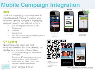Mobile Campaign Integration!
SMS!
SMS bulk messaging is relatively new in                                                                      FRESH!

marketing & advertising. It requires your
costumerʼs phone numbers & intelligently
designed planned to reach out to them. !
    •    SMS campaigns such as text to vote!
    •    Text to screen!
    •    Text alerts!
    •    Sweep stakes!                                      App appearing    Sent from app!           In SMS footer or
    •    SMS demographic and geo-targeting to send           on screen or
                                                             mobile web!
                                                                                                       dedicated SMS!

         coupons and messages!
!



QR Coding!
Quick-Response codes are multi-
dimensional codes that once decoded can
display large amounts of information. !
    •    QR coding advertising and informational
         campaigns!
    •    Connecting QR codes to promote brand
         engagement and mobile interactivity!
    •    Develop Landing pages in support of         Creative &
                                                     Development of mobile
         integrated marketing campaigns.!            landing pages in
!                                                    support of QR Code TV

!        Fresh Digital Group                         campaign!
                                                                              The work presented in this slide is that of our partner
                                                                                      network, showcasing our teamʼs capabilities. !
 