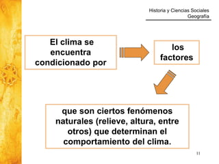 Historia y Ciencias Sociales
Geografía
11
El clima se
encuentra
condicionado por
los
factores
que son ciertos fenómenos
naturales (relieve, altura, entre
otros) que determinan el
comportamiento del clima.
 