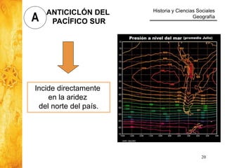 Historia y Ciencias Sociales
Geografía
20
Incide directamente
en la aridez
del norte del país.
ANTICICLÓN DEL
PACÍFICO SUR
A
 