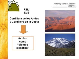 Historia y Ciencias Sociales
Geografía
19
Cordillera de los Andes
y Cordillera de la Costa
Actúan
como
“biombo
climático”
...